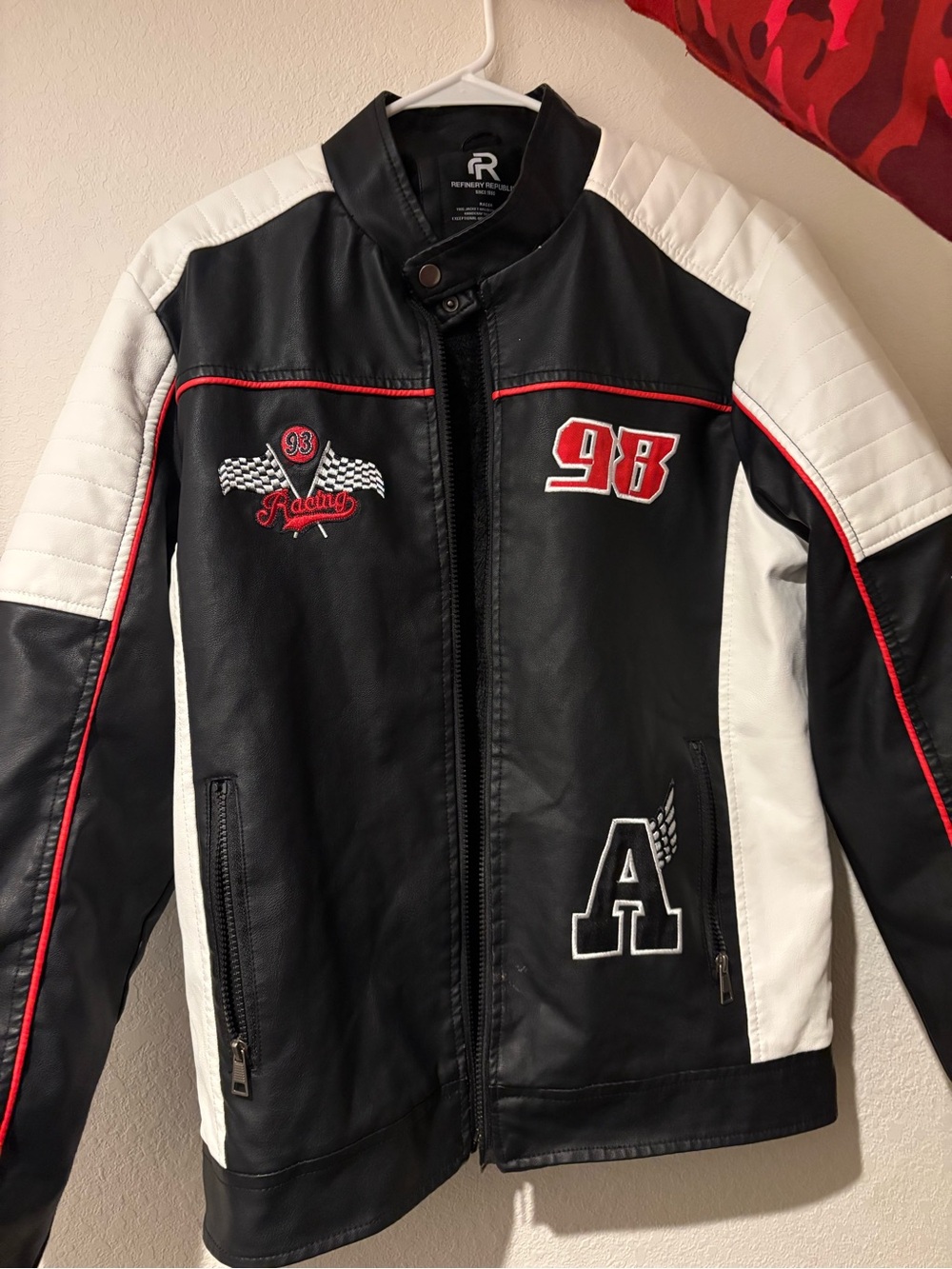Men's Black & White Racing Zip-Front Jacket with Red Accents
